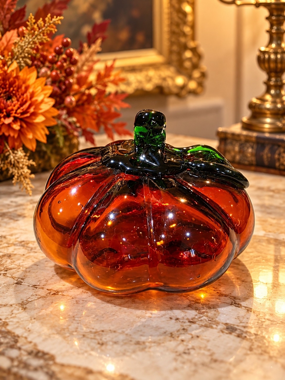 Handblown Amber Glass Pumpkin Accent with Dark Green Stem